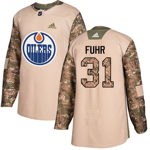 Adidas Oilers #31 Grant Fuhr Camo Authentic Veterans Day Stitched NHL Jersey - Click Image to Close